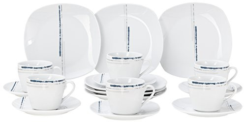 Wellco Design Laredo 18-teilig Kaffeeervice, Porzellan, Weiß Mit Blauem Streifendekor, 35 x 30 x 9.5 cm, 1 Einheiten