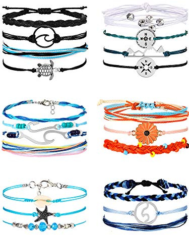 Hicarer 21 PC Surfer Wave Friendship Bracelet Set Waterproof Adjustable Boho Beach String Anklets Bulk, Summer Gift for Women(Ocean Style)