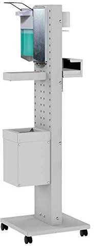 KRIEG Desinfektionssäule Hygienestation Desinfektionsmittelspender mit Standfuß, Auffangschale, Desinfektionsmittel, mobil und fahrbar, 2-seitige Nutzung, Ready to go