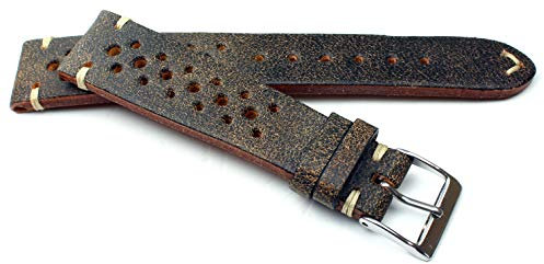19mm Fluco Racing Rallye Vintage Rindsleder Uhrenarmband handgemacht in Deutschland Robust braun Weiße Naht