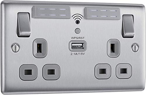 2 x Nexus Metal Brushed Steel Double Switched 13A Power Socket with WiFi Extender + USB Charging - 1X USB Socket (2.1A) Grey