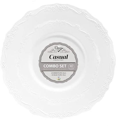 Decor Decorline - Set di piatti riutilizzabili da 40 pezzi - Bianco - Stoviglie vintage di alta qualità da collezione casual - Aspetto porcellana cinese - Servizio per tutte le occasioni e feste