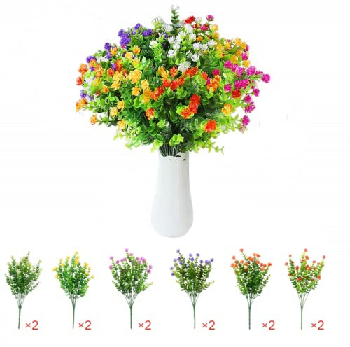 Siganorpy 12 Bundles Artificial Outdoor Flowers, UV Resistant Fake Flowers for Home Decoration, No Fade Faux Plastic Plants for Hanging Garden Porch Window Box Decor(6 Color )