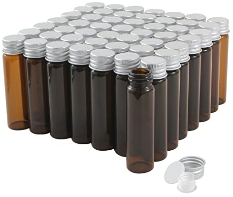 Cadbibe 20ml Amber Glass Vials with Screw Caps and Plastic Stoppers, Small Brown Liquid Sample Vial, Leak-Proof Vial, 50PCS