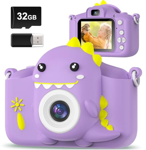 Hangrui Kids Camera, 20MP Kids Digital Dual Lens Cameras with Silicone Case 2.0 Inch IPS Screen 1080P Video Camcorder, 32GB Card,Shockproof Childrens Camera Toy for Boys & Girls Age 3-12(Purple)