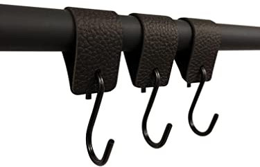 RSR Hangers Kleiderhaken mit Lederschlaufe - Schwarz - 9 Stück - S Haken – 12,5 cm x 3 cm - Garderobe -Kleiderstange - Leder – Lederband - Garderobenhaken – Fleischerhaken - Multifunktionshaken