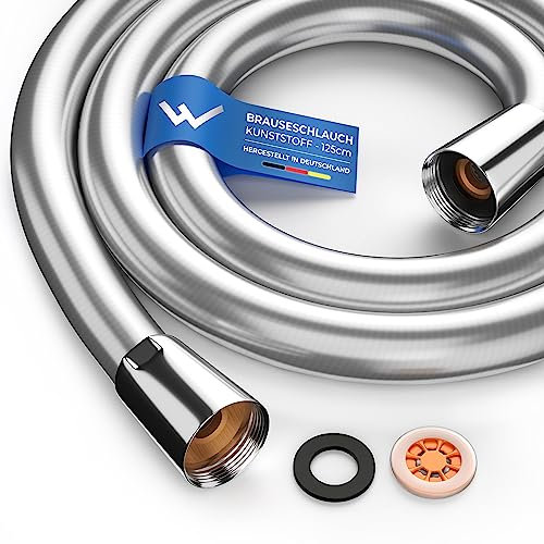 LOBENSWERK Duschschlauch 1,25m [inkl. Durchflussbegrenzer] Trinkwasser Geprüft, 1/2 Anschluss - Brauseschlauch Silber mit doppeltem Verdrehschutz, Knick- und Reißfest