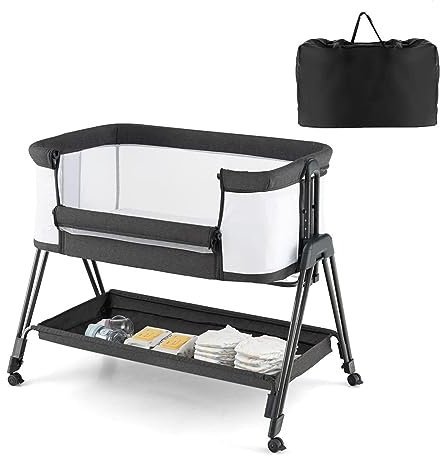 DREAMADE Beistellbett Baby, 7-stufig höhenverstellbar Reisebett mit Matratze & Rollen, Babybett Klappbar mit Verstellbarem Neigungswinkel, für Baby 0-6 Monate bis 9kg (Dunkelgrau)