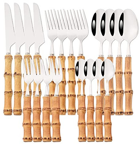 NEPIAN 20 Pz Oro 304 Set di Stoviglie in Acciaio Inox Manico di bambù Set di Posate Torta Forchette Cucchiaio di caffè da Tavola Posate Occidentale Leisurely (Color : Bamboo Silver)