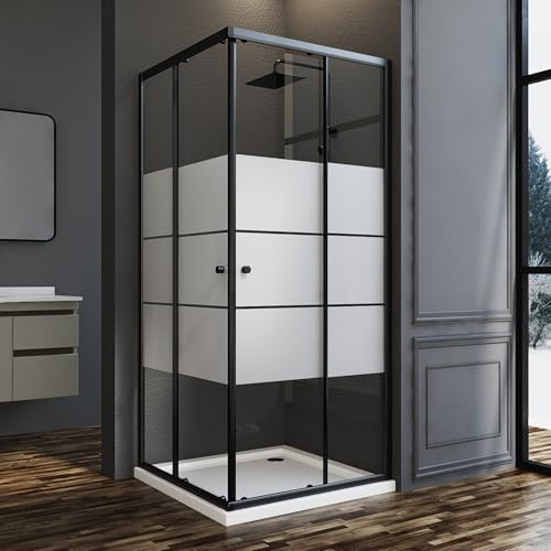 Duschkabine 80x80cm Eckeinstieg Schwarz Duschkabine Schiebetür, Goezes Eckeinstieg Gestreift Duschabtrennung mit Schiebetüren Duschwand Schiebetür mit 6mm ESG Sicherheitsglas Höhe 185cm