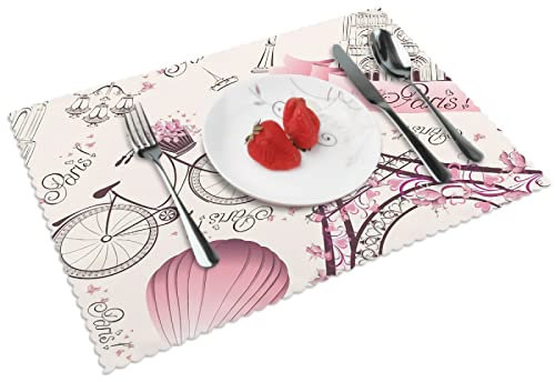 Romantic Tower Paris Platzdeckchen 6er Set Fahrrad Paris Tischsets für Küche Esstisch 45x30cm