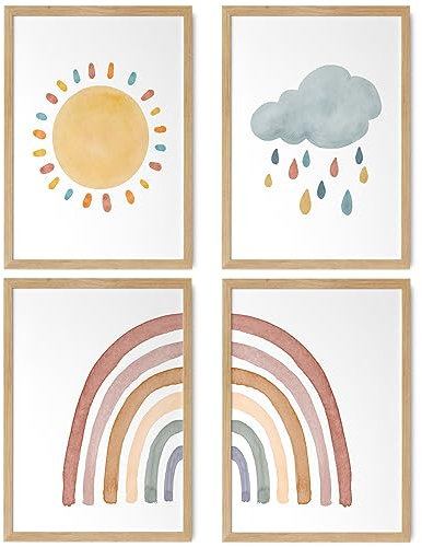 HappyArts® | Kinderzimmer Bilder A4 Poster 4er Set Deko Mädchen Junge Babyzimmer | Handgemalte Boho Sonne Regenbogen Wolke Wetter Elemente OHNE RAHMEN …