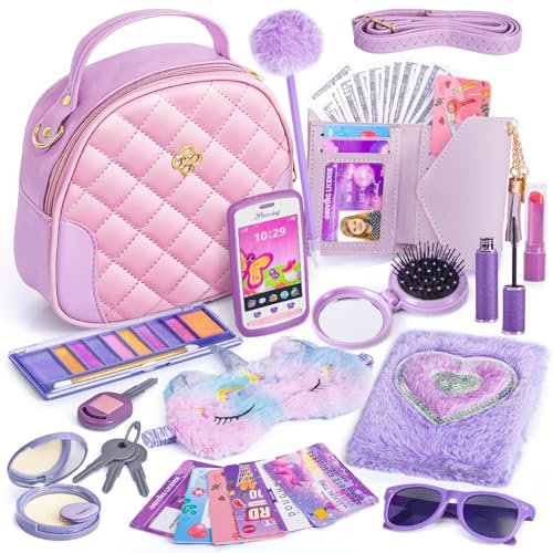Handtasche für Kleine Mädchen mit Schminke Vortäuschen für Kleinkinder, Mein Erstes Handtaschen-Set: Handtasche Handy Schminkspielzeug Tagebuch Geldbörse, Prinzessin Geschenk für Mädchen ab 3 Jahre