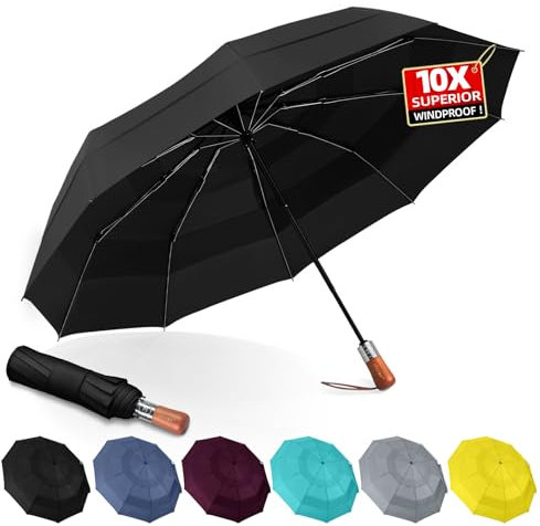 LFLFWY Umbrella Windproof Strong, Travel Compact Umbrellas Portable and Automatic Folding Rain Umbrella, Wooden Handle, Fits Car & Backpack