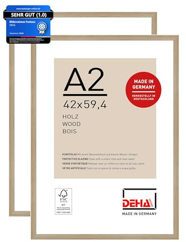 DEHA Design Bilderrahmen, 42 x 59,4 cm (A2) (2er Set), Holz, Eiche, Posterrahmen zum Aufhängen im Hoch- & Querformat, bruchsicheres Kunstglas, Fontana