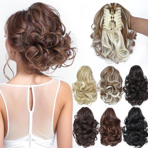 PARXITN Ponytail Extension 20cm Kurz Gelockt Gewellt Kamelbraun misch Bleichblond Claw Clip in Synthetik Haarteil Pferdeschwanz Haarverlängerungen Zopf