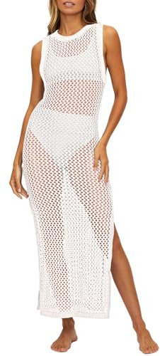 Viottiset Damen Lange Häkeln Badeanzug Cover Up Hollow Out Ärmellose Strandkleid Seite Split Strick Strand Kleid Weiß L