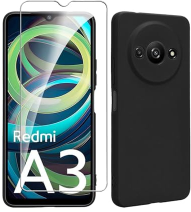 Bihizei Funda para Xiaomi Redmi A3, 1 Vidrio Templado Protector de Pantalla, Cubierta a Prueba de Golpes con Forro de Microfibra, Negro