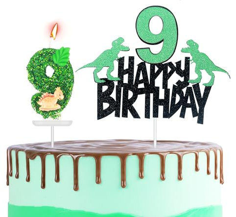 Dinosaur 9th Birthday Cake Topper with Number Candle 9 Dino Candles Cake Decorations for Boys,Happy 9th Birthday Dinosaur Theme Party Candles Cake Cupcake Topper for Boys Girls 9th Birthday Decor