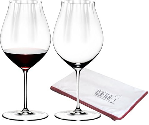 RIEDEL Performance Pinot Noir Weinglas 2er Set, 830 ml, Rotweingläser mit Optik, Kristallglas, inklusive Poliertuch Logo (50 x 64 cm)