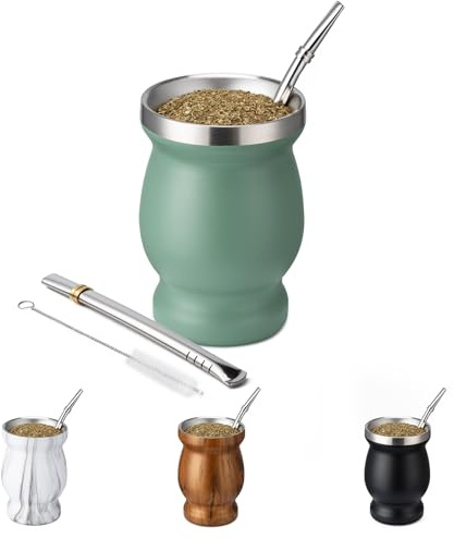 Husfunov Taza de yerba mate de 8 onzas, taza de acero inoxidable 304 de doble pared, calabaza de yerba mate con aislamiento térmico, juego de tazas de té incluye cepillo de limpieza y 2 bombillas