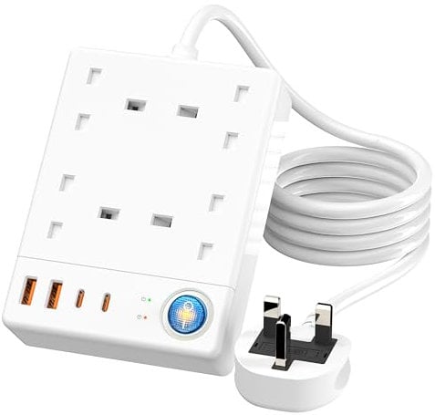 Extension Lead with USB Slots, Extension Lead 1.5 M, Power Strip with 4 USB Extension (2 USB-A, 2 USB-C), Plug Socket with 4 Way Outlets, Extension Lead Surge Protection for Office, Home, Hotel