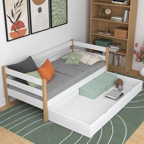 N-wood N01 Tagesbett mit schublade 100x190 cm, Bettgestel mit lattenrost, Einzelbett für Kinder und Erwachsene, aus Massiv Eichenholz, empfohlen für Allergiker und Asthmatiker