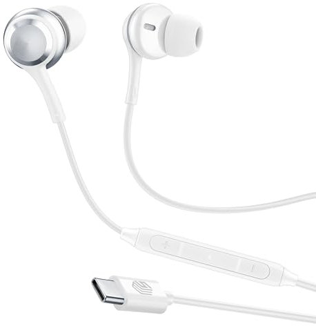 Music Sound - Auricolari In-Ear - Auricolari con Filo e Microfono - Compatibilità USB-C - Dettagli metallici - Colore Bianco