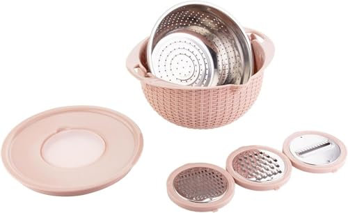 Passoire de Cuisine,4-1 Passoire avec bol,Passoire de cuisine avec couvercle et râpe,Ensemble passoire de Cuisine,ustensiles de cuisine pour laver,couper et pétrir,lavage végétarien,saladiers(Rose)