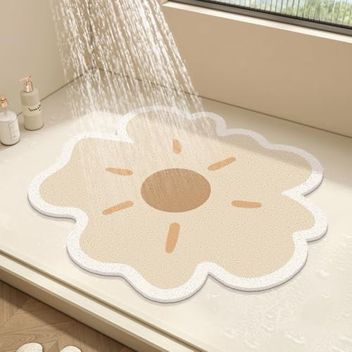 Runde Duschmatte, Blumen-Badematte für Innendusche, PVC-Luffa-Badezimmer-Bodenmatte, rutschfeste Badematte, Anti-Schimmel-Duschmatte mit Abfluss, schnell trocknend (Beige, 50 x 50 cm)