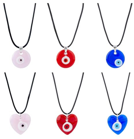 UNICRAFTALE 6 Pieces Evil Eye Necklace 45.2CM Turkish Blue Eye Pendant Necklace Fashion Glass Rope Chain Necklace Jewelry Funny Birthday s for Women Men
