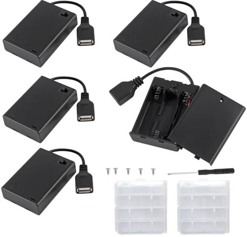 VISSQH 5 Pièces AA Support de Batterie,3 x 1.5V Support de Batterie,4.5V Battery Holder Box Case,AA Boîte à Piles en Plastique avec Prise Femelle USB et Couvercle et Interrupteur on/Off(Noir)