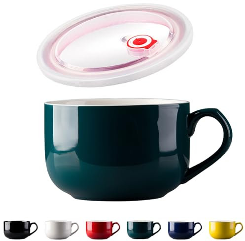 Dowbom Soup Bowl With Lid, Porcelain Ramen Bowl, Instant Noodle Microwave Bowl (Green)