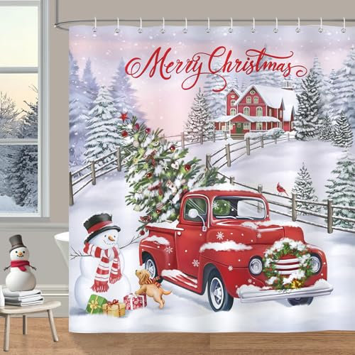 Bonhause Tenda Doccia Natale Camion Rosso Albero di Natale Pupazzo di Neve Cascinale Inverno Tende per Doccia in Poliestere Impermeabile Antimuffa Lavabile Tende Bagno 180 x 180 cm con 12 Ganci