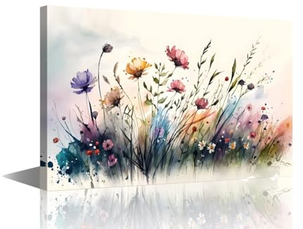 TISHIRON Wildblumen-Wandkunst, Aquarell, gerahmt, Leinwanddruck, modernes Kunstwerk für Schlafzimmer, fertig zum Aufhängen, 40 x 60 cm