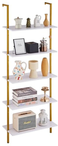 VEVOR Ladder Shelf, 5-Tier Bookshelf 24x11.8in, Open Wall-Mounted Ladder Shelf with Metal Frame,Storage Rack Sundries Holder for Kitchen Bedroom Bathroom Living Room, Gold White