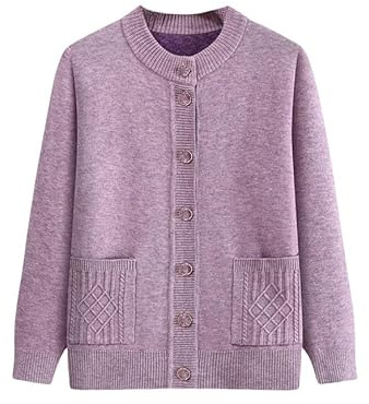 ZHAOMEI Cardigan Donna Invernale Cardigan da Nonna in Pile Caldo Tinta Unita da Donna, Classico Girocollo, con Bottoni, Maglione da Nonna, Giacca da Cappotto con Tasche, Viola M