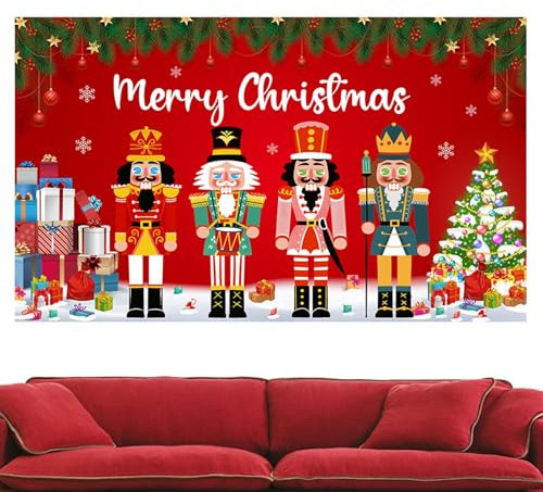 XIAOXIAOYU Pancartas de Navidad para el interior | Cascanueces de 6 x 4 pies, fondo rojo de Feliz Navidad, telón de fondo de fotos de Navidad, pancartas de puerta de garaje de Navidad, suministros de