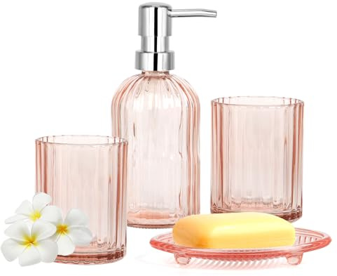 YTDTKJ Juego de Accesorios de baño de Vidrio, Juego de 4 artículos de tocador a Rayas, Juego de recipientes de baño, Botella dispensadora de jabón de Manos, Soporte para Cepillo de Dientes, Taza de