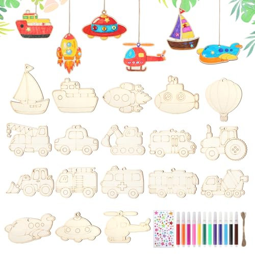 Qichan 32 Stück Fahrzeug Holzbastelsets Kinder, Auto Holz Bastelset mit 12 Aquarellstifte, Strasssteine Selbstklebend und Juteseil, Auto Holz Bastelset, Kindergeburtstag Basteln für Kinder