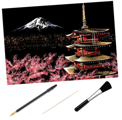 VICASKY Diy Kratzbild Berg Fuji Nacht Szene Mit Teilen Kratzpapier Bambusstift Goldfarbener Pen Schwarzer Pinsel Buntes Scraping Painting Für Erwachsene Kreative Wand Tischdekoration