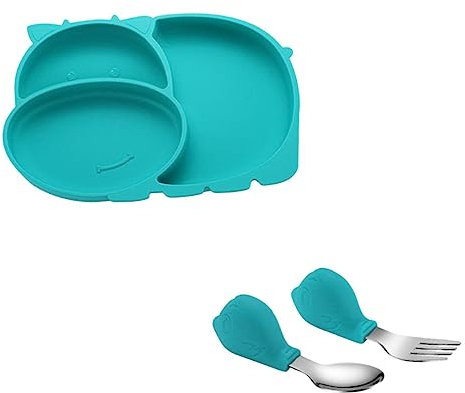 QUMIIRITY Vajilla De Silicona Para Bebés Plato De Alimentación y Cubiertos Para Incluye Plato De Cena Forma De Animal y Cucharita