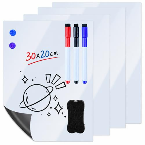 VGECEE 4 Stk Magnetisches Whiteboard kühlschrank A4 Magnettafel Magnetfolie | klein Magnettafel Kühlschrank, Whiteboard Folie Magnetisch, Whiteboard für kühlschrank mit Markers Schwamm für Startseite