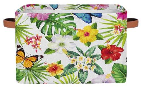 Lot de 1 panier de rangement pliable avec poignées pour jouets, placard, chambre d'enfant, bureau, feuilles de palmier, fleur et papillon