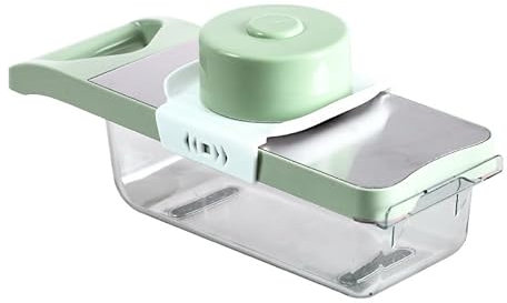 Mandoline de Cuisine Manuelle avec Collecteur de Légumes, Coupe Légumes Multifonctions pour Râpeuse à Légumes et Fromage, avec 6 Lames Réglables et Protection des Doigts (6-en-1 Vert)