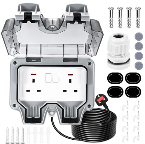 Zankeox Outdoor Socket, Outdoor Double Plug Sockets with 3M Extension Cable, IP66 Weatherproof Wall Electrical Outlets with On-Off Switch and Indicator Light,Outside Plug Socket for Garden Garage Yard