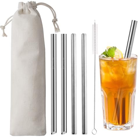 6 Pcs Thick Metal Straws Drinking, 21cm Stainless Steel Straws, Reusable Boba Straw, 12mm Extra Wide Drinking Straw with 8.5inch Long Cleaner for Bubble Boba Tea, Thick Beverages, Milkshakes