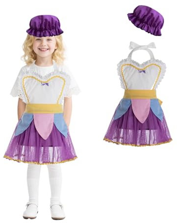 Jackolume Disfraz de Mrs Potts para niños, vestido de tetera de la Sra. Potts, delantal de sirvienta con sombrero, fiesta de Halloween, trajes de carnaval para niñas
