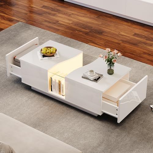Merax White High Gloss Coffee Table, Led Coffee Table with 2 Drawer Storage, Unique Shape Centre Tables, End Tables for Living Room Home Office Furniture, White, 100x50x35 cm
