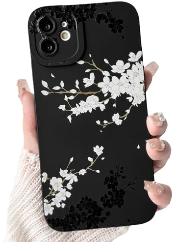 NITITOP for iPhone 12 Case Cute Cherry Blossom, Black White | for Women Girls, Aesthetic Flower Floral Pattern, Soft TPU Shockproof Cover, Full Camera Protection